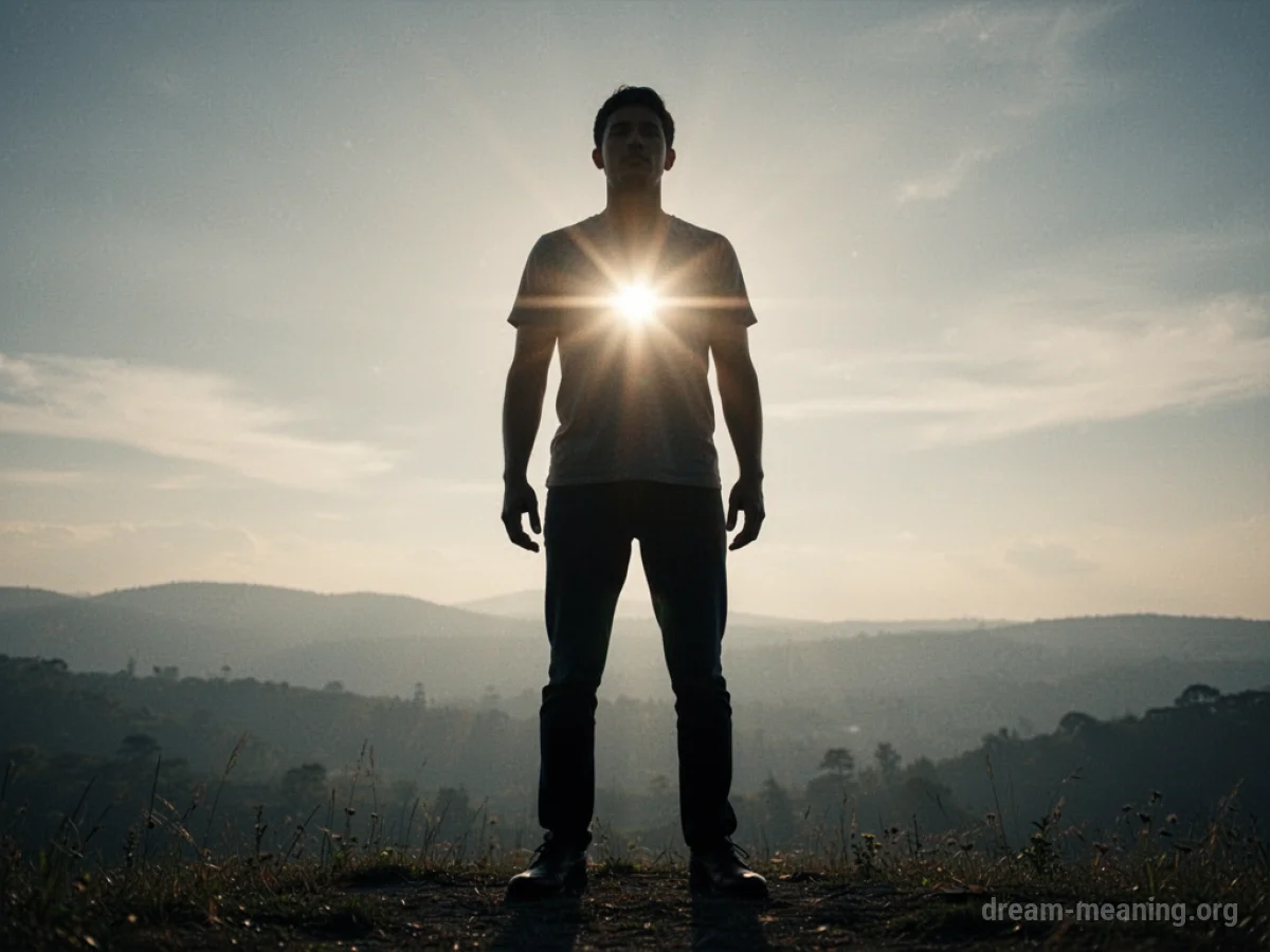Silhouette of a person standing with light emanating from their chest.