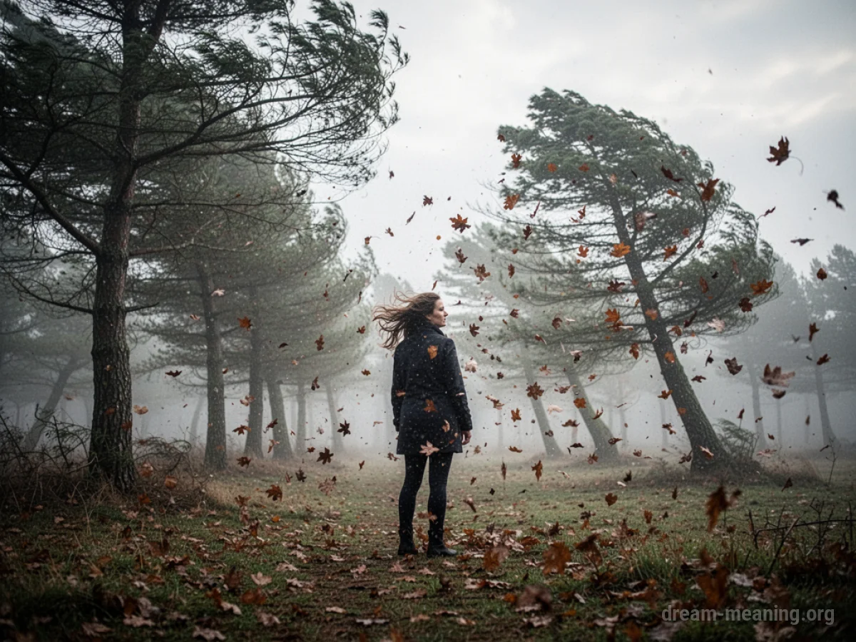 A person standing on a path with trees bending in a strong wind.