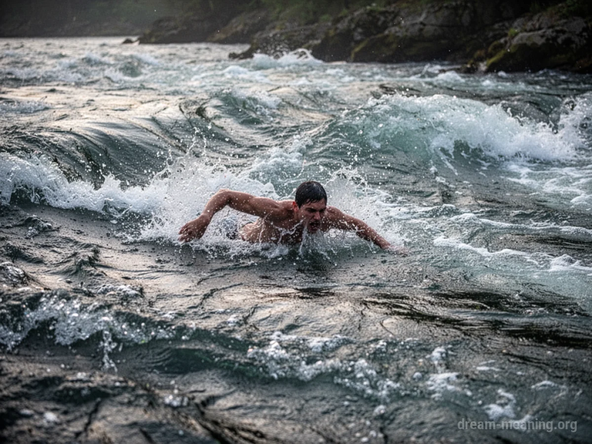 A person swimming against a strong water current with visible waves.