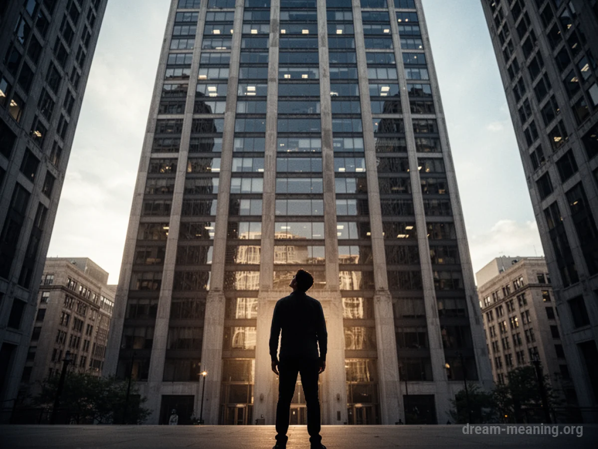 Silhouette of a person at the base of a tall office building.