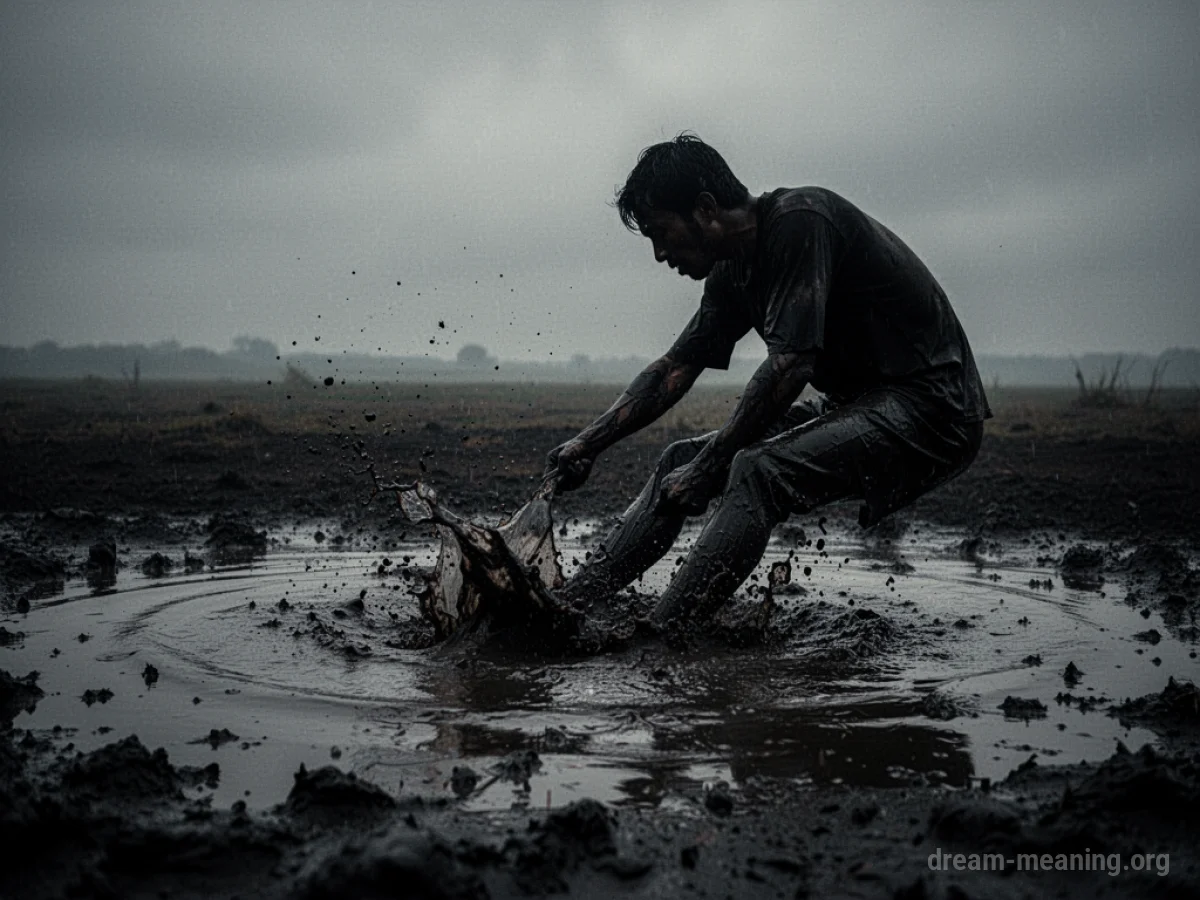Silhouette of a person sinking into dark, viscous quicksand.