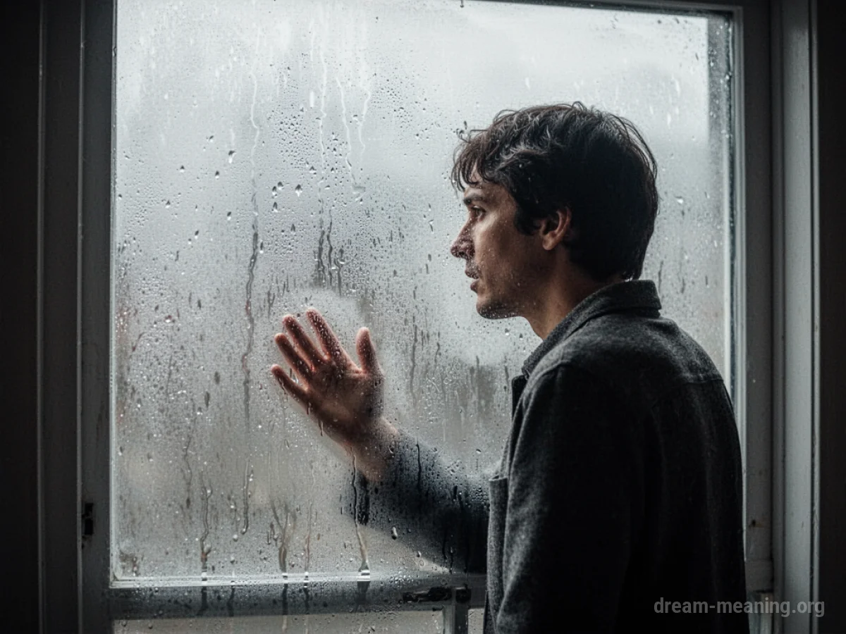 A person peering through a foggy window pane.