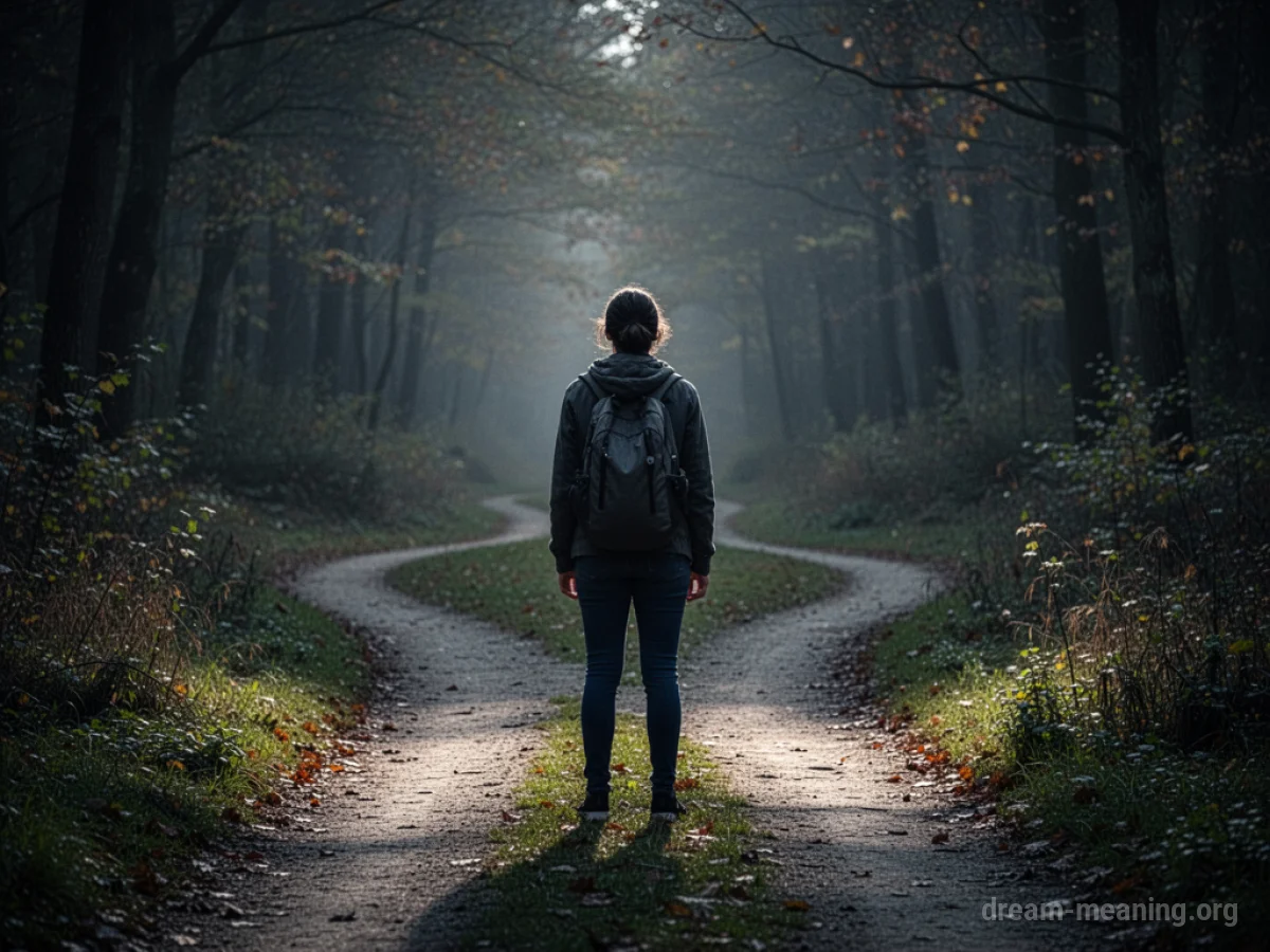 A person at a crossroads in a dark, winding path.