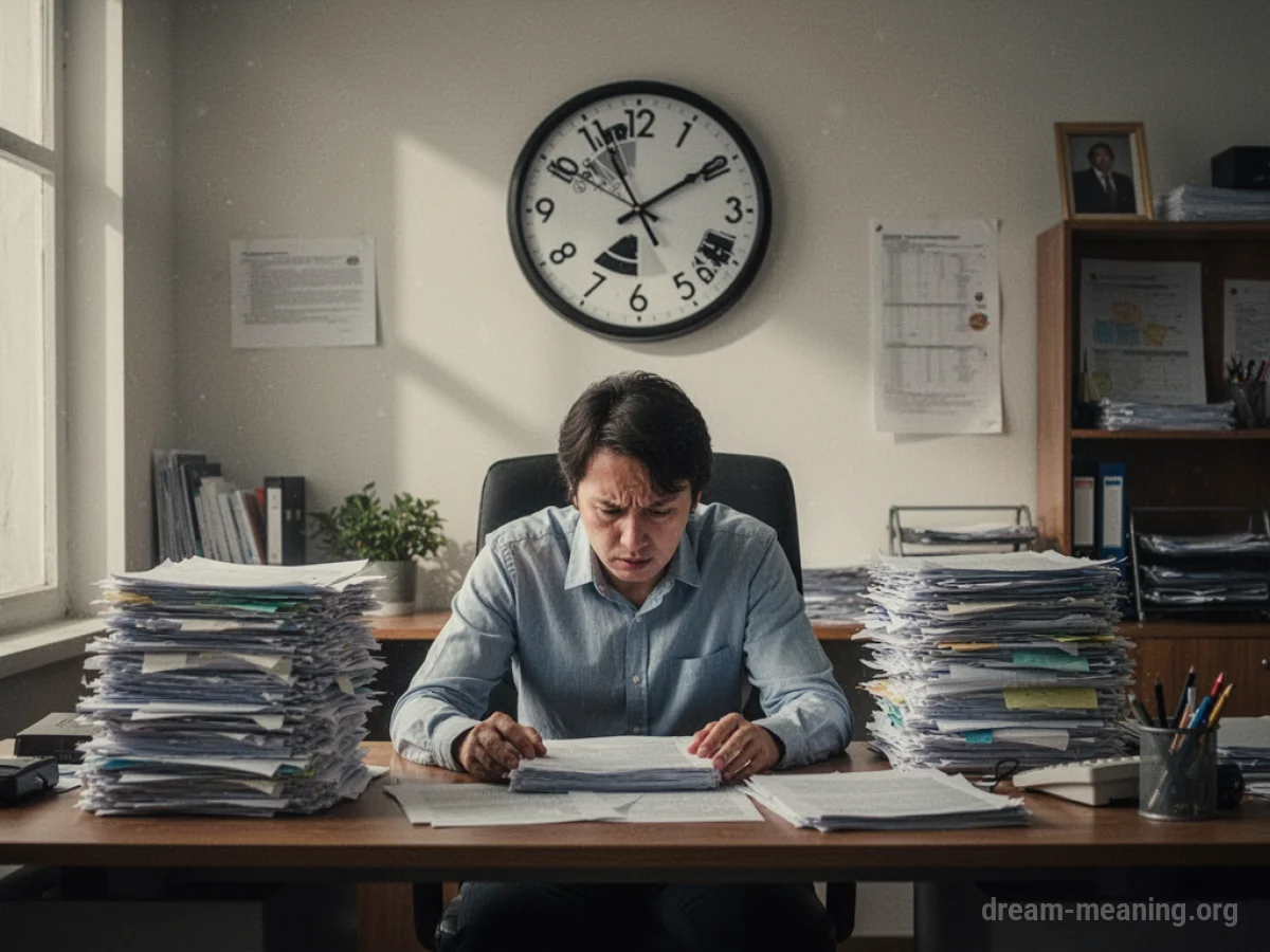 A person at an office desk covered in paperwork with a backward-moving clock.