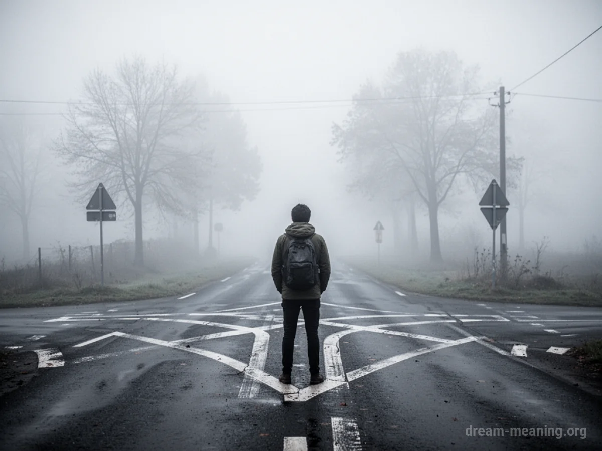 A person at a foggy crossroads with blocked paths.