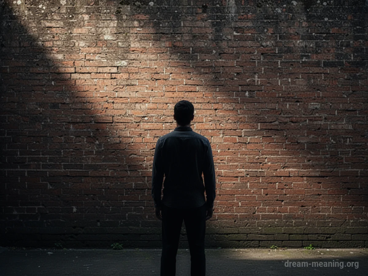 Silhouette of a person facing a large brick wall.