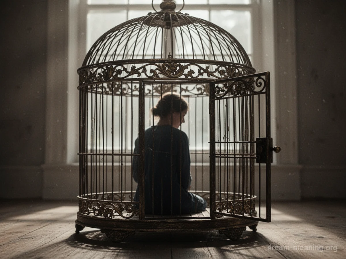 Silhouette of a person inside a metal bird cage.