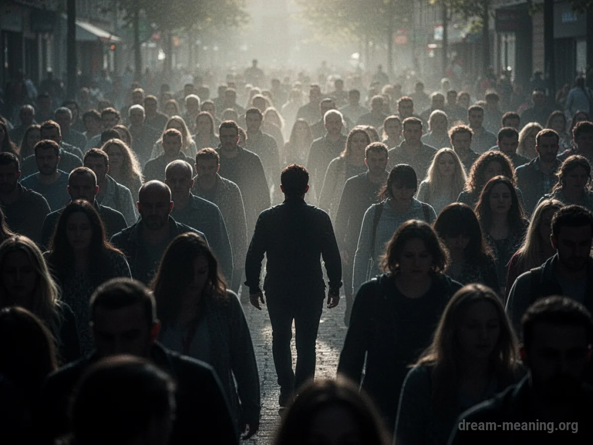 A lone figure amidst a dense, undifferentiated mass of people.