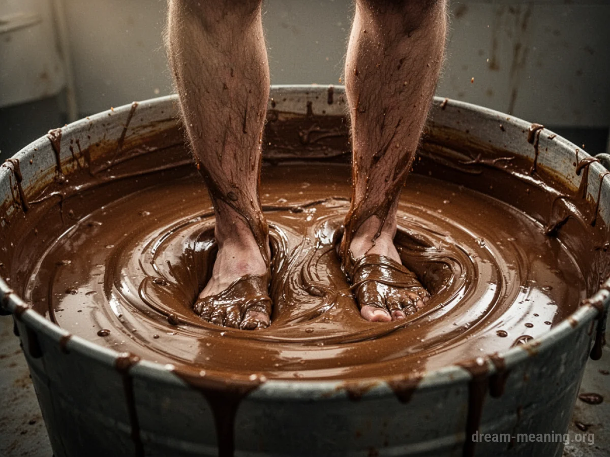 A person's legs stuck in a vat of brown glue.