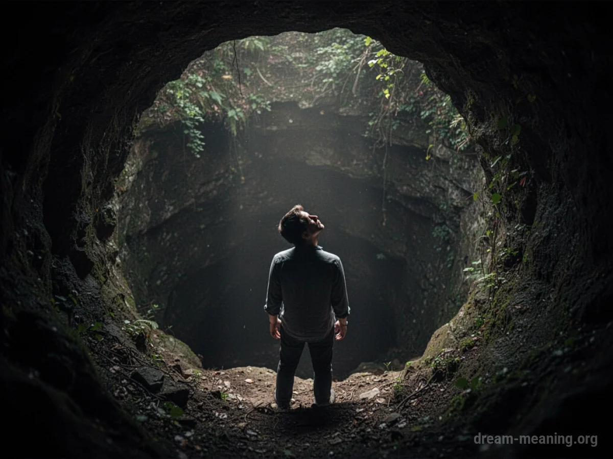 Silhouette of a person at the bottom of a deep hole.