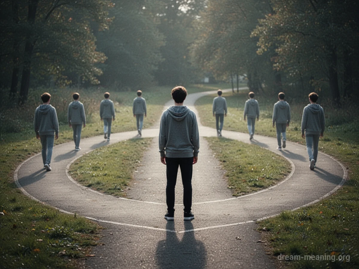 A silhouette of a person at the center of a circular path with faint repeating silhouettes walking on the path.