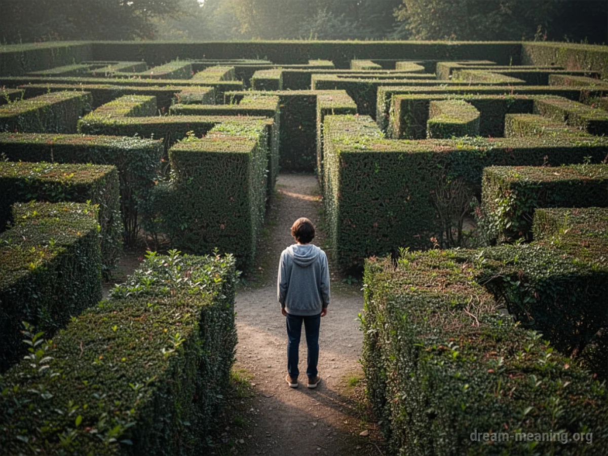 A person at a crossroads inside a hedge maze.