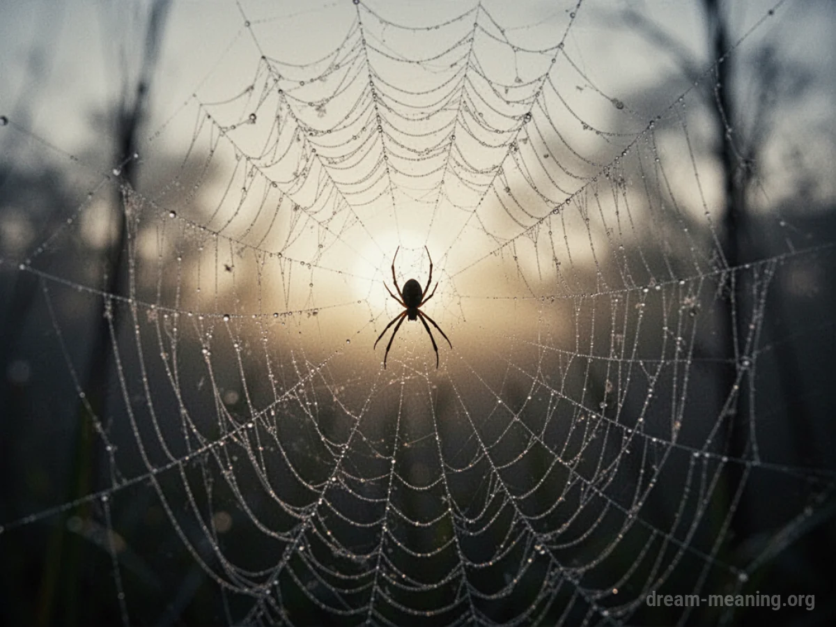 A close-up view of a delicate spider web with dew drops.