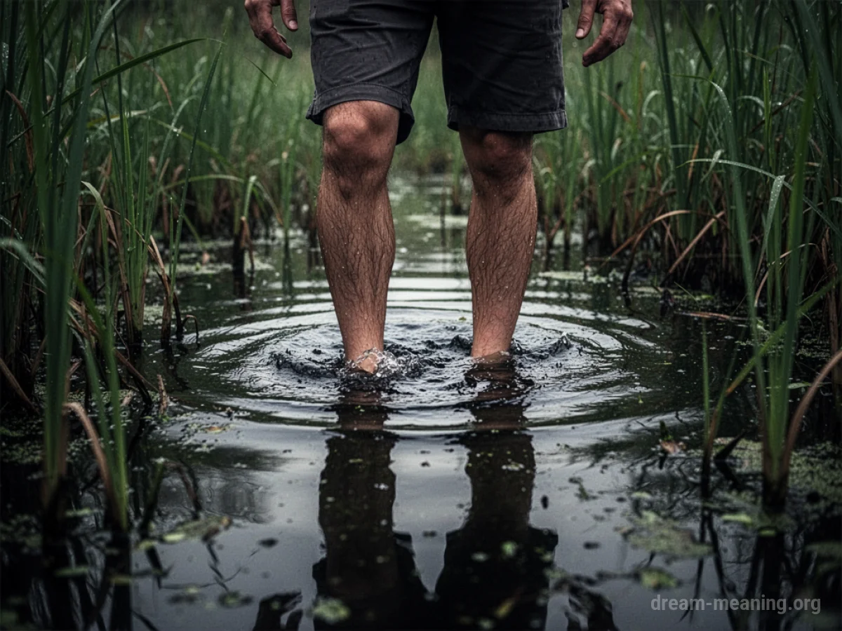 Legs sinking into dark swamp water surrounded by thick reeds.