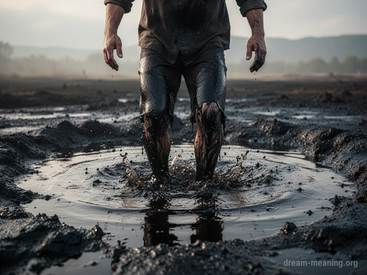 A person's legs submerged in a pool of dark, viscous tar.