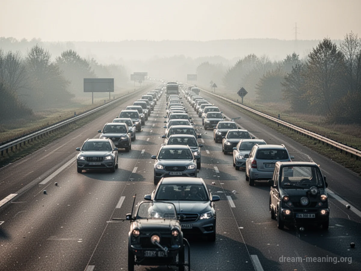 A highway filled with stopped cars.