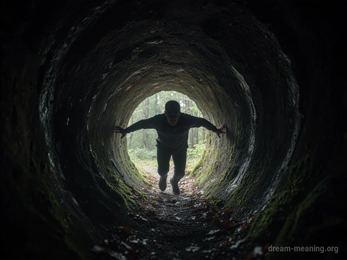 Silhouette of a person squeezed in a dark, narrow passage.