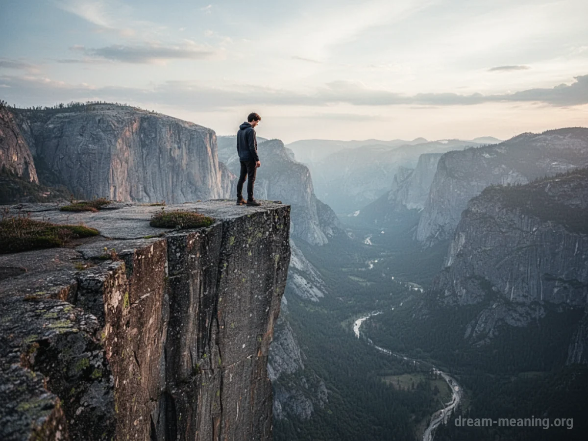 Silhouette of a person on the edge of a high cliff.