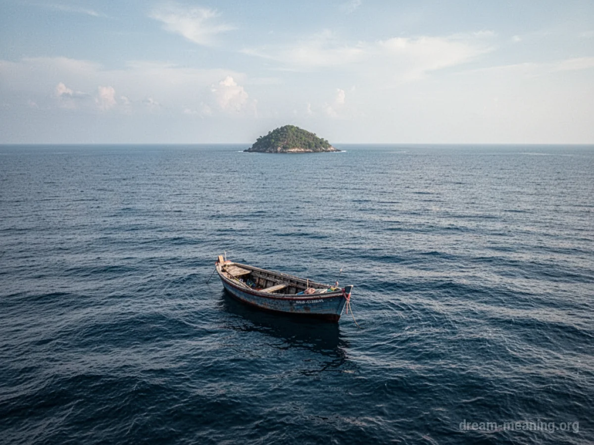 A small boat on a large ocean with a distant island.