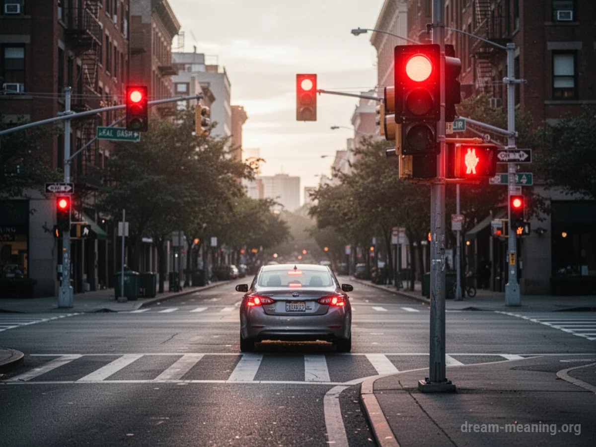 A car waiting at a red traffic light.