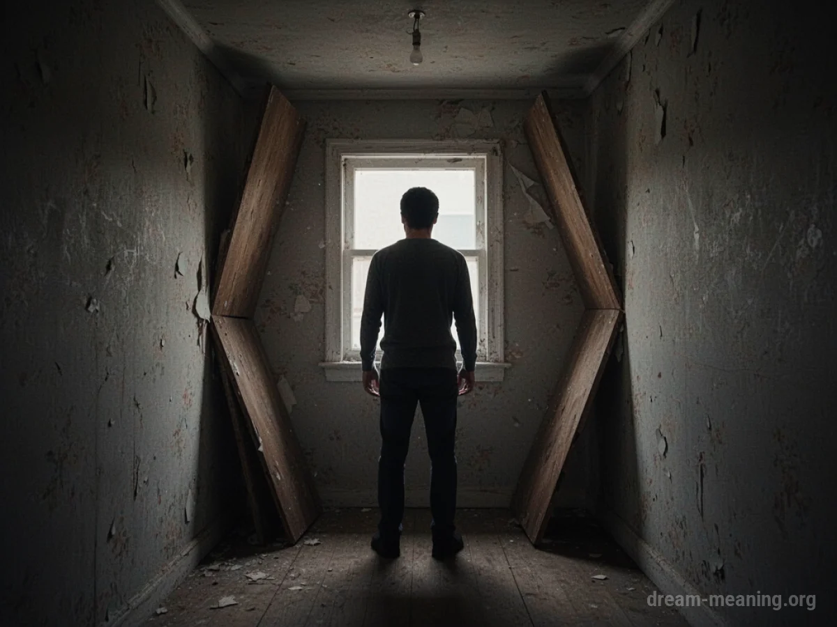 Silhouette of a person in a small, dark room with close walls.