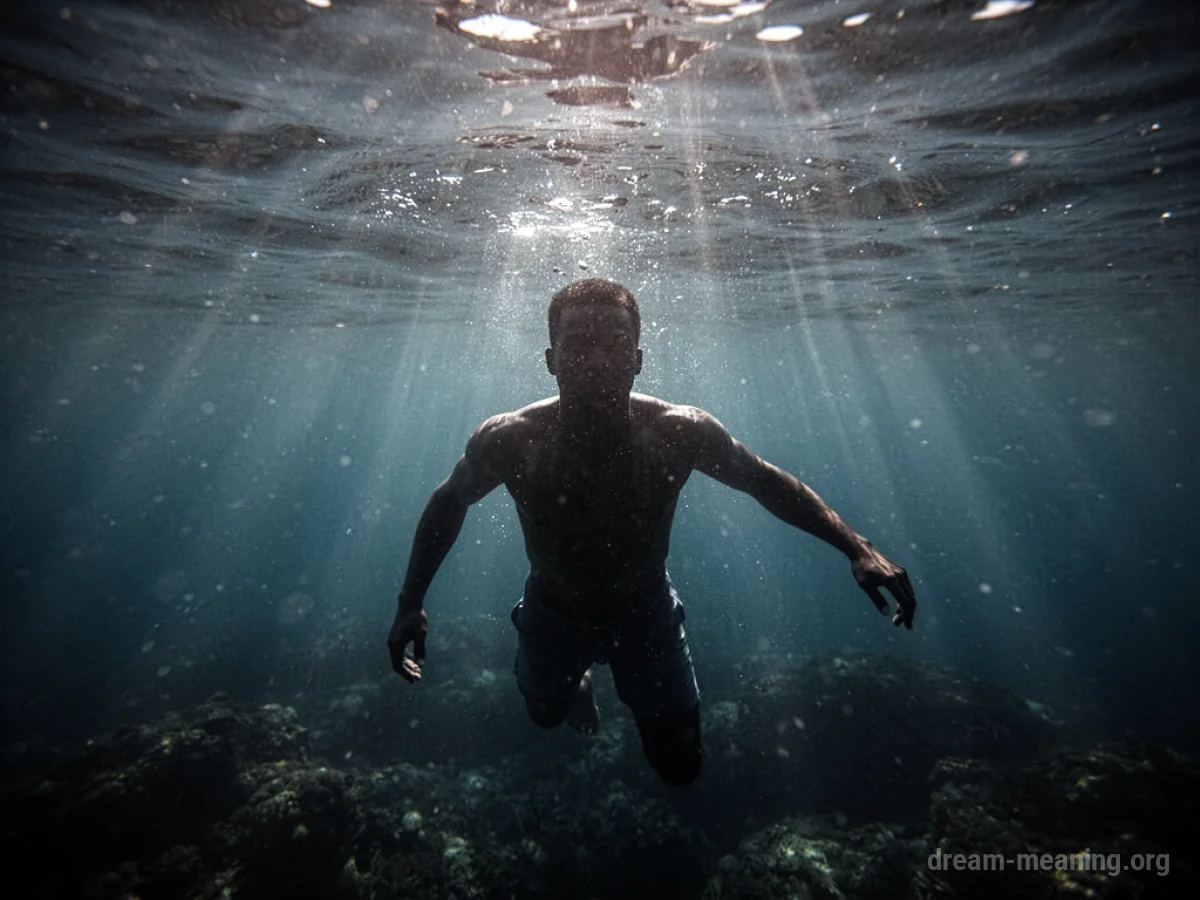 Silhouette of a person submerged deep underwater, looking towards a distant light source.