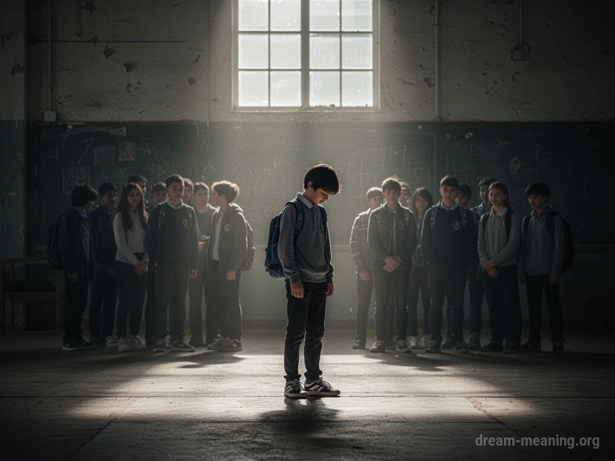 A single student figure facing away from a group of indistinct figures.