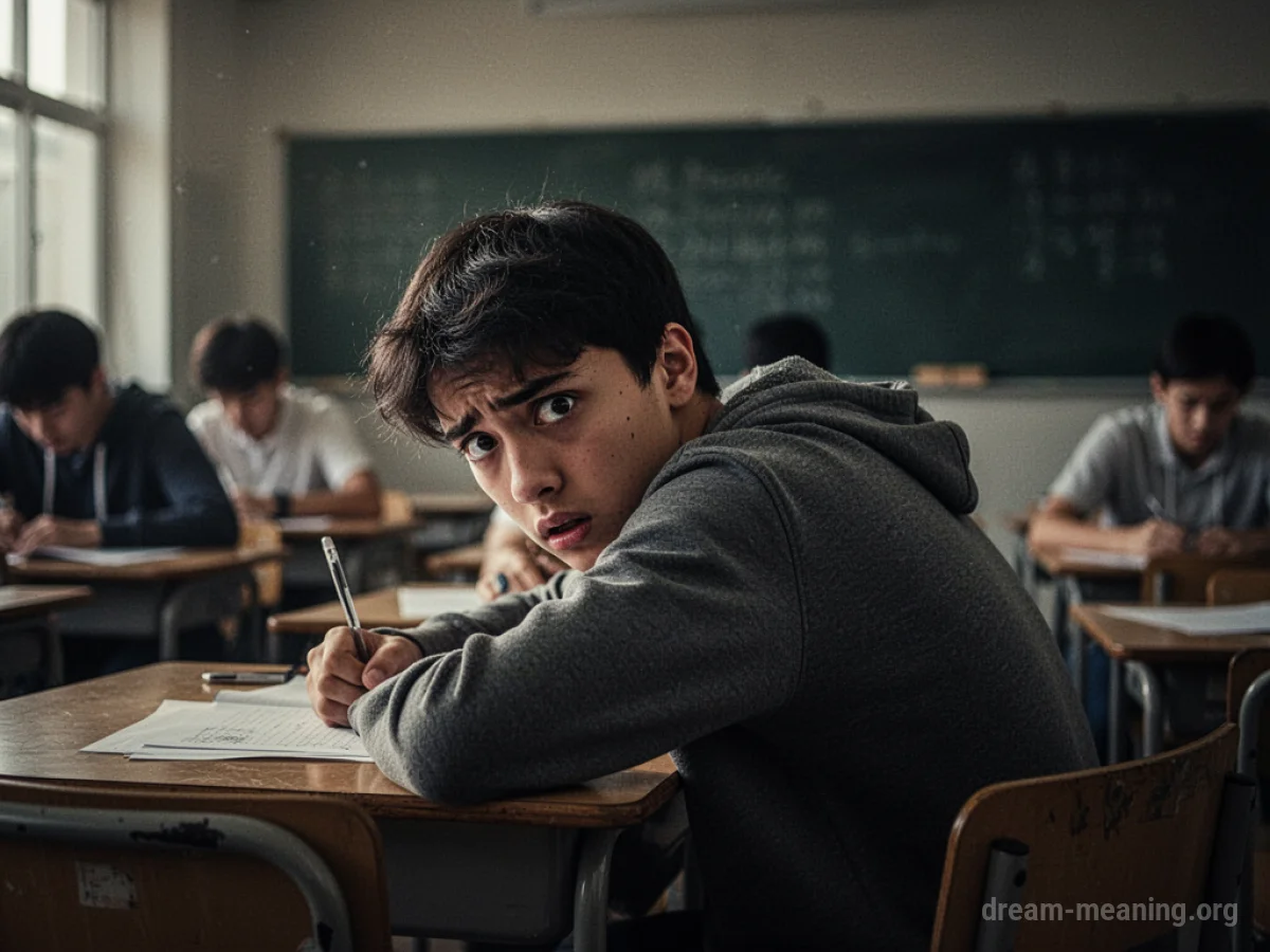 A student secretly looking at notes during an exam.