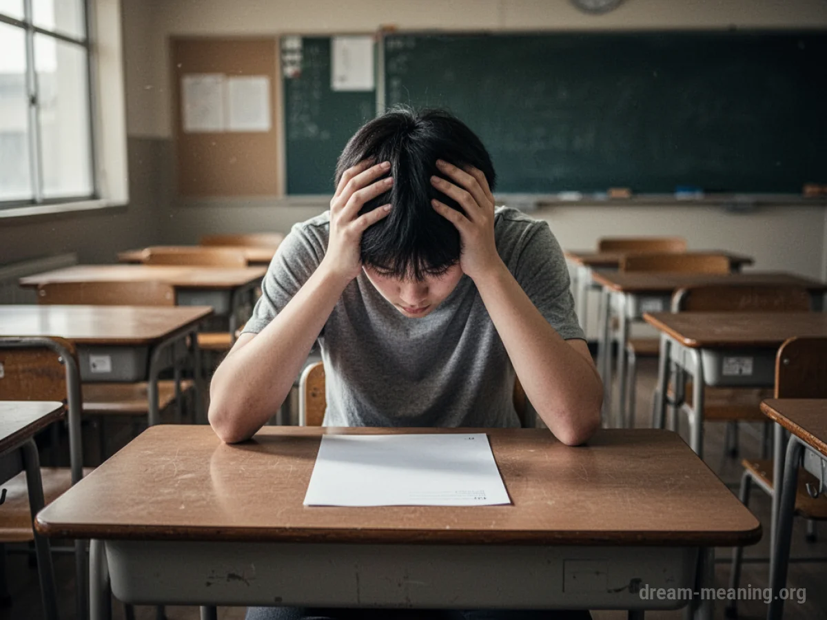 A student sitting with their head in their hands over a blank exam paper in an empty classroom.