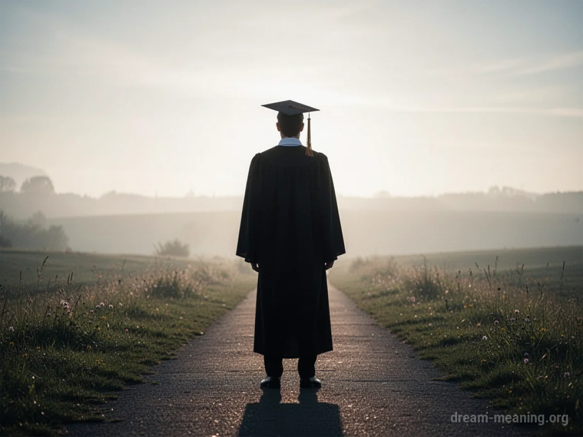 Silhouette of a person in a graduation cap and gown facing a bright horizon.