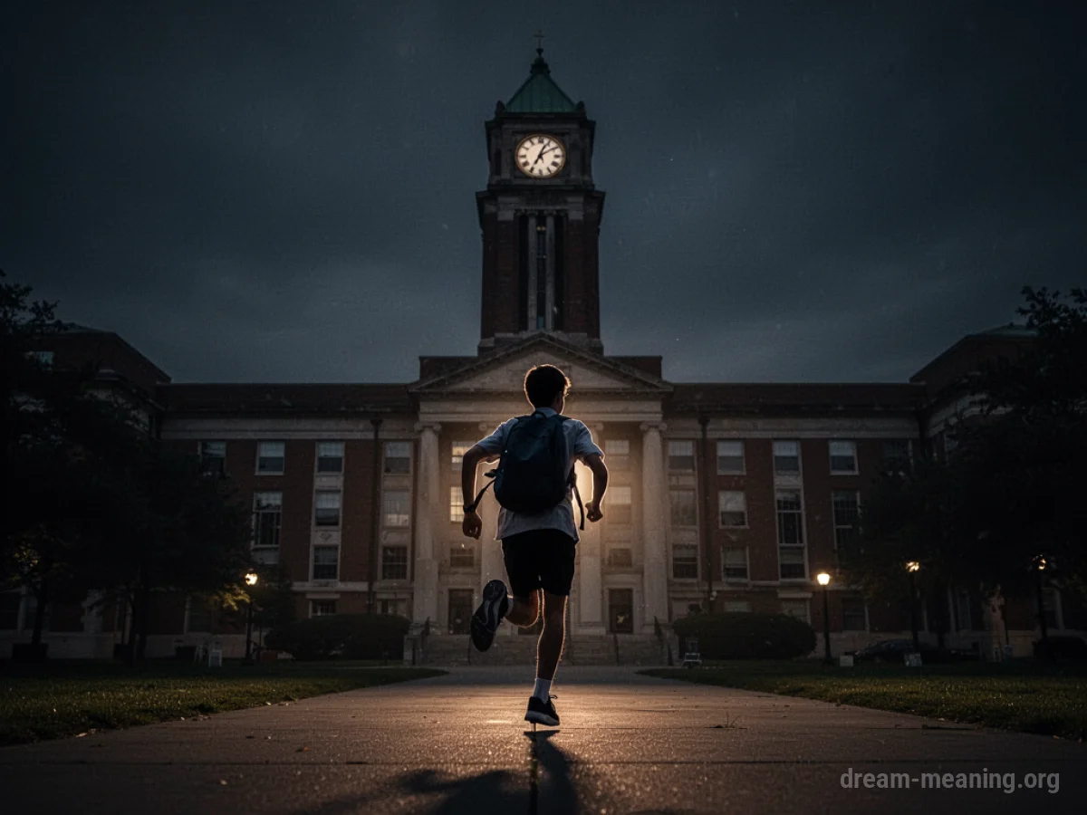 Silhouette of a student running towards a building with a clock tower.