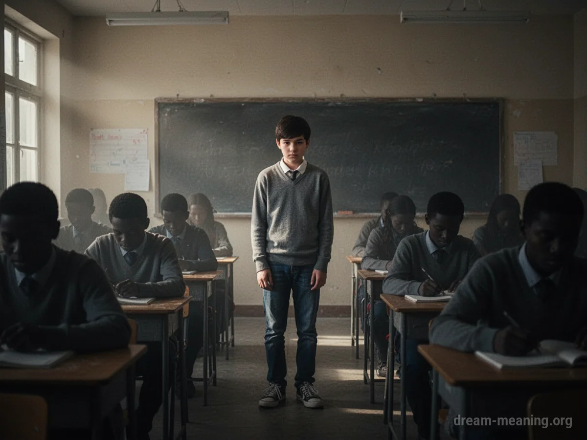 A single student standing alone in a classroom.