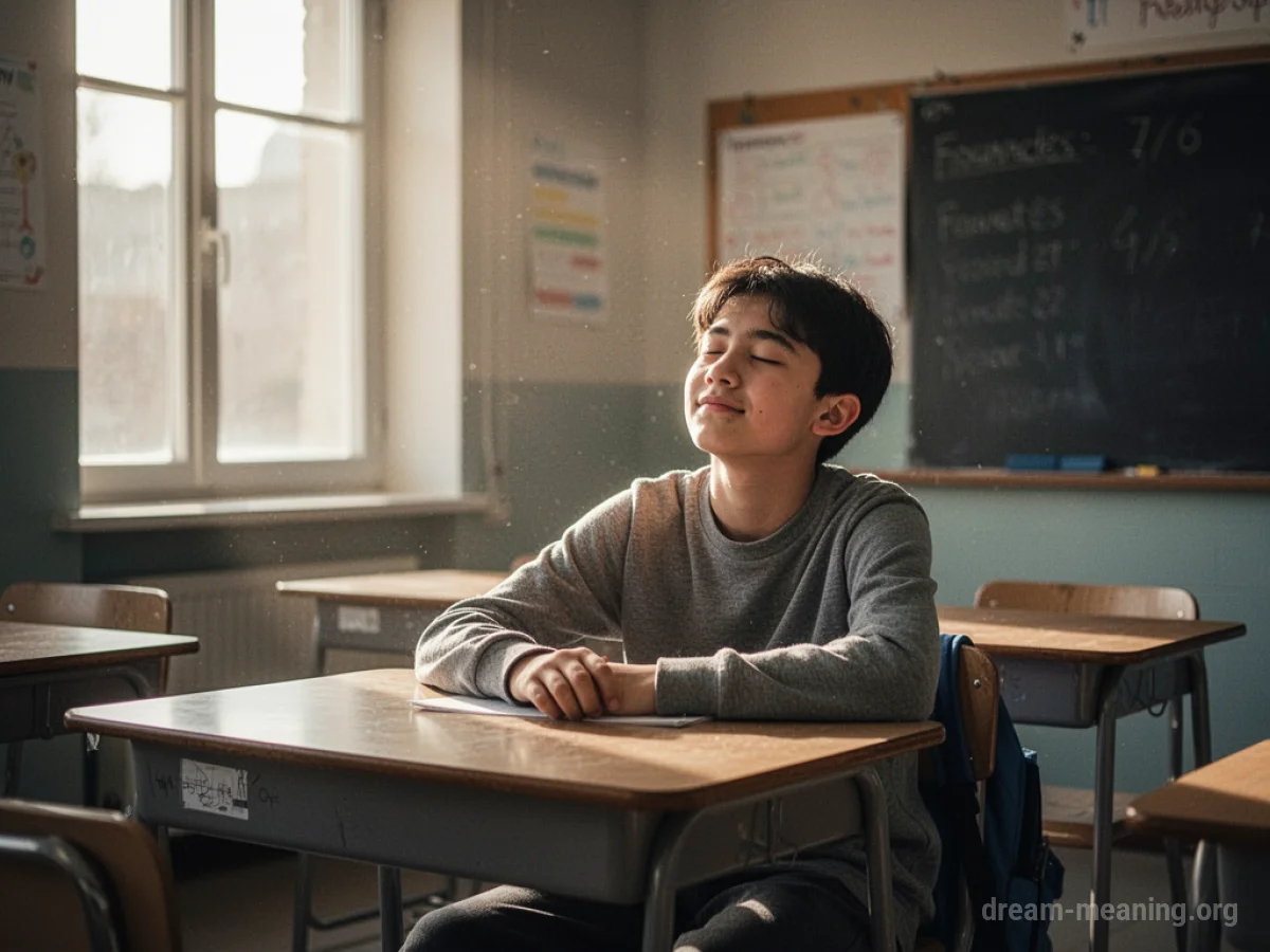 A student sits at an empty desk in a classroom bathed in sunlight.