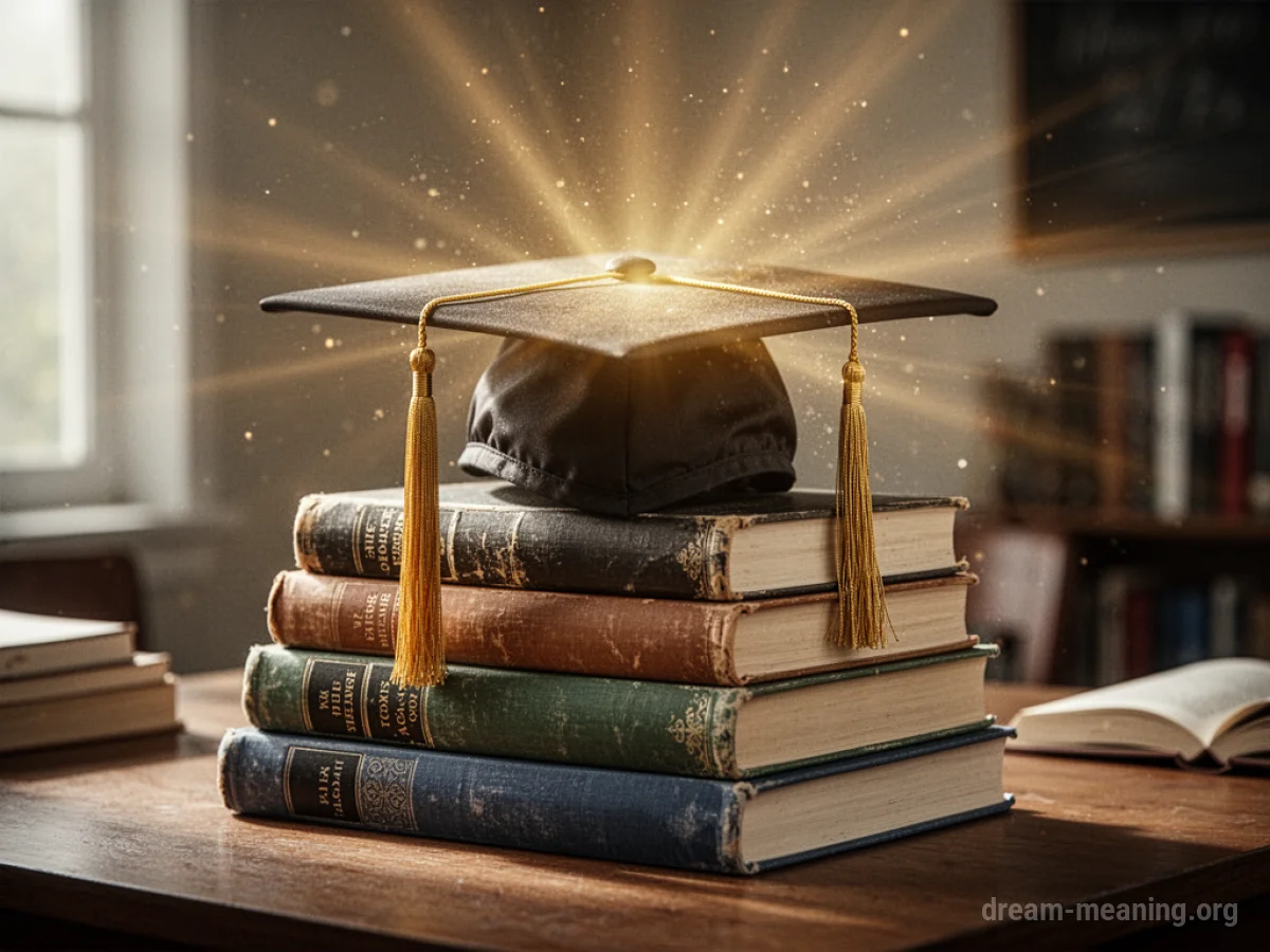 A graduation cap on books with golden light.
