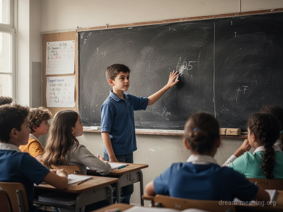 A student is standing at the front of a classroom teaching.
