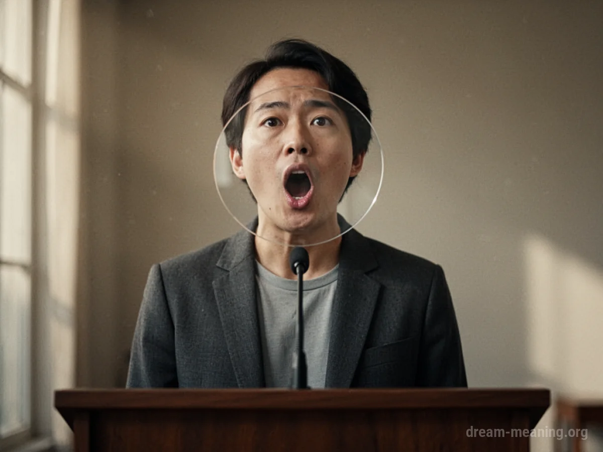Person at a podium with mouth open, appearing unable to speak.