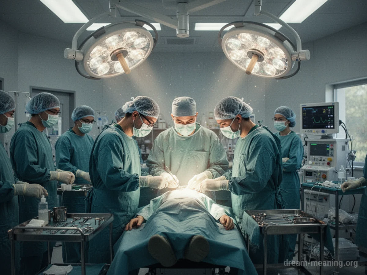 Surgeons performing a medical procedure in an operating room.
