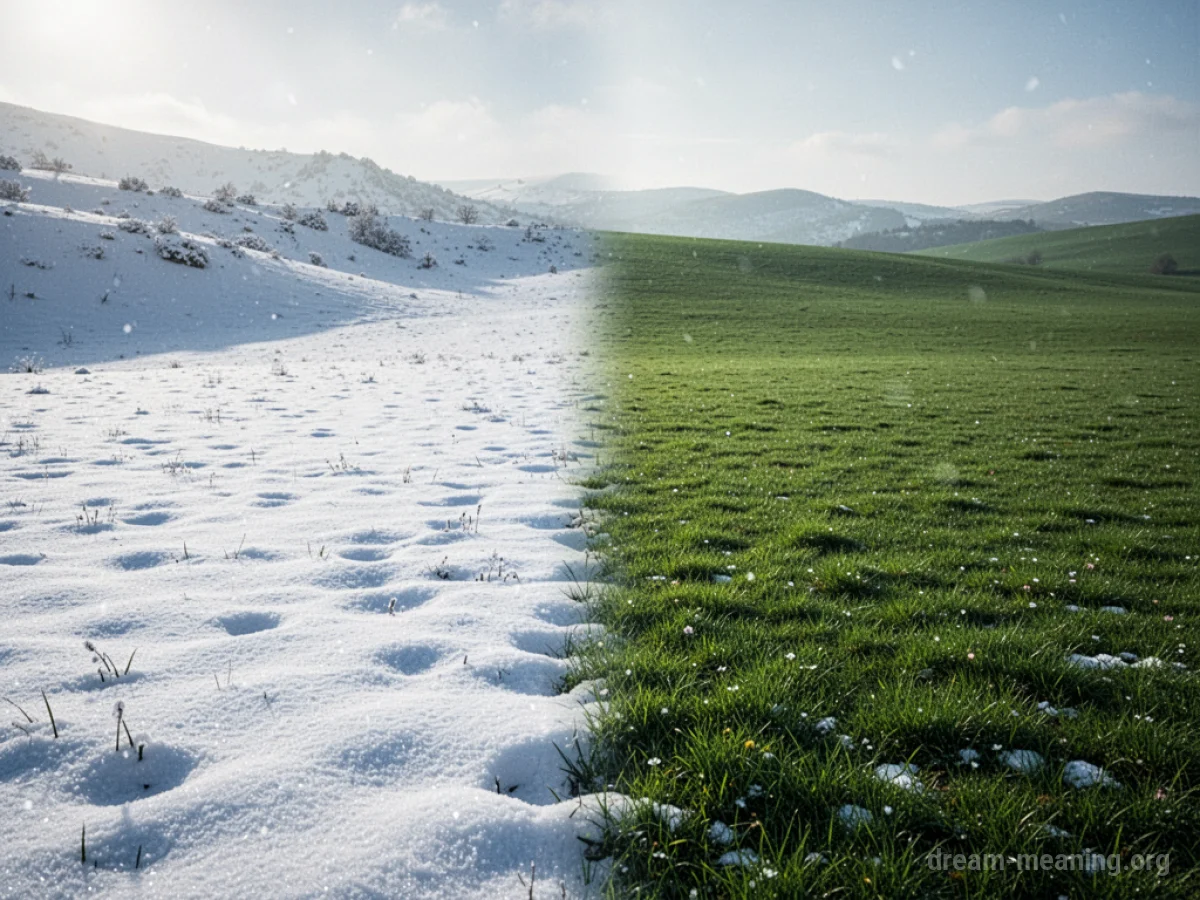 A landscape split between winter snow and summer greenery.