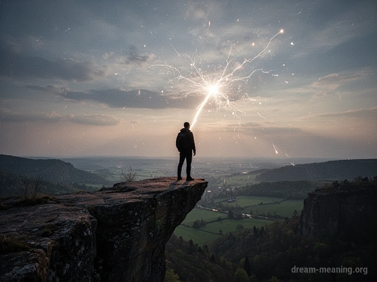 Silhouette of a person near a cliff with a lightning strike.