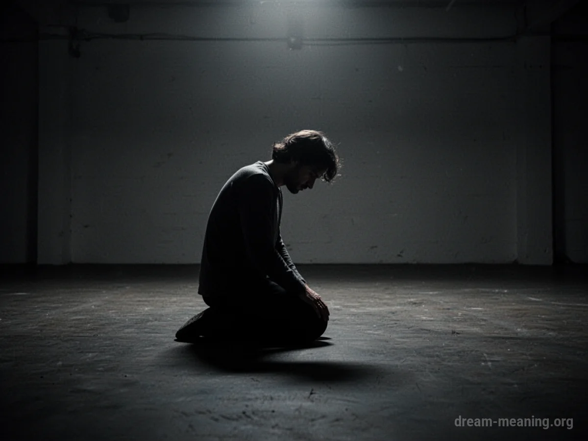 A solitary figure in silhouette kneeling in darkness.