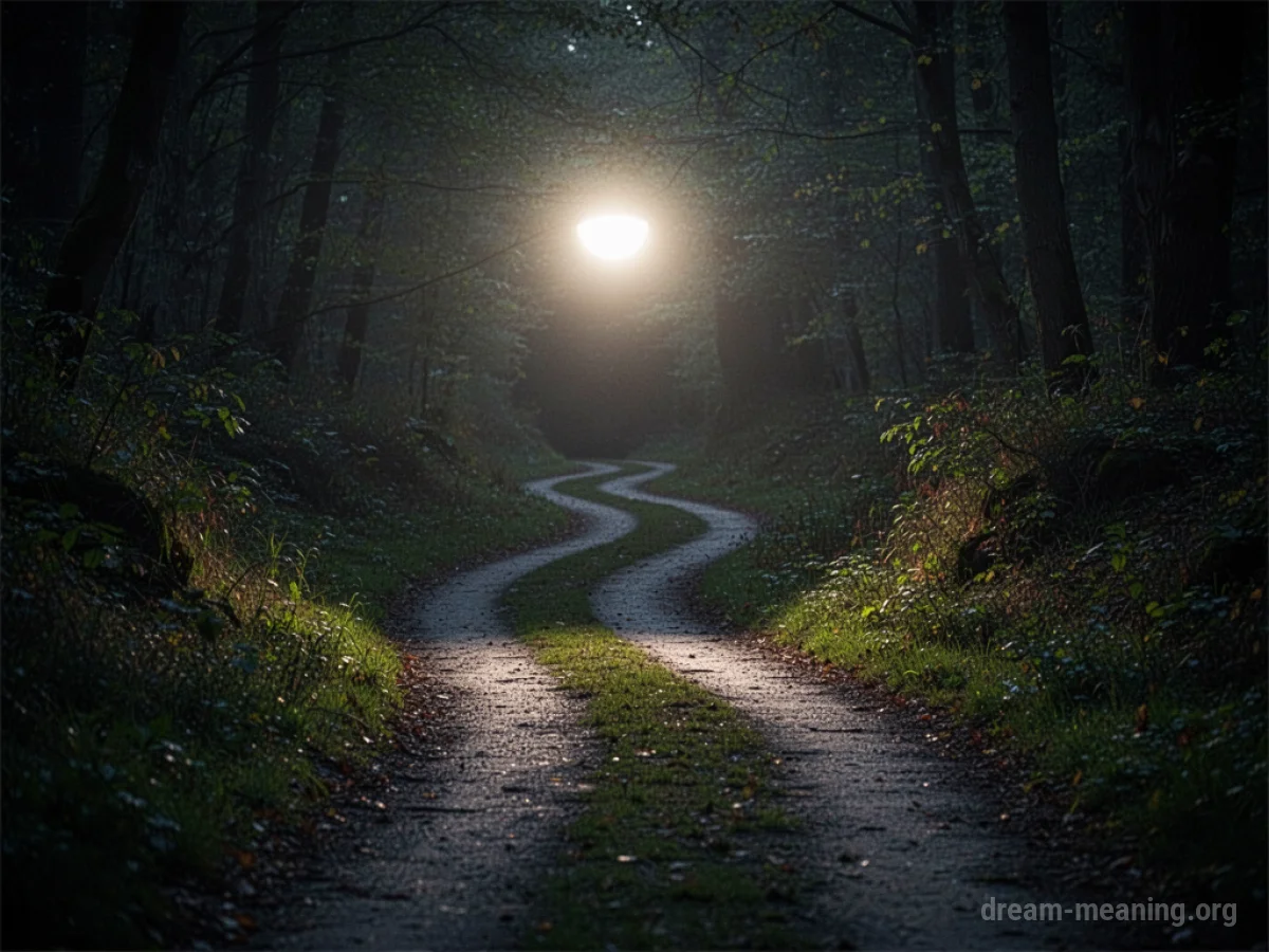 A bright light shines on a dark, winding path.