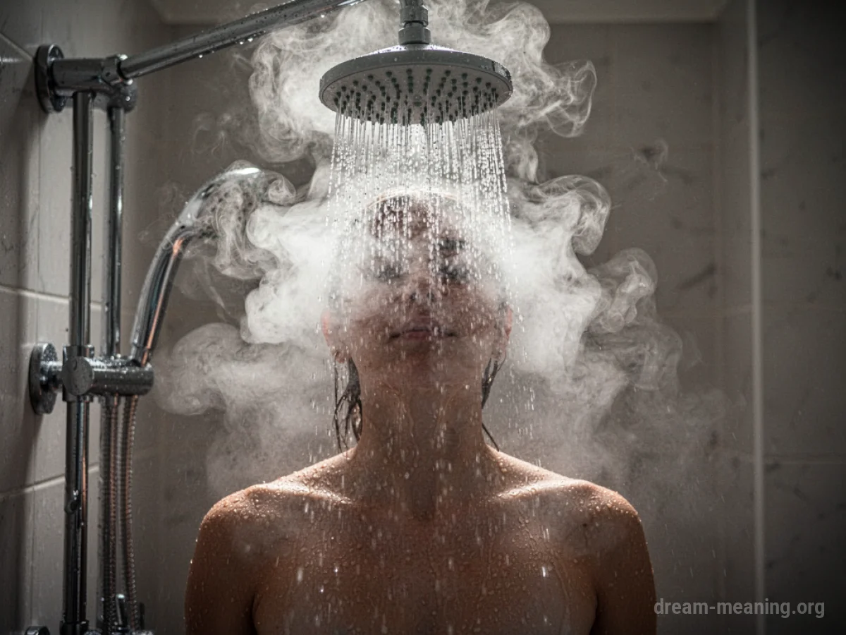 Steam billowing from a showerhead, creating a hazy visual effect.