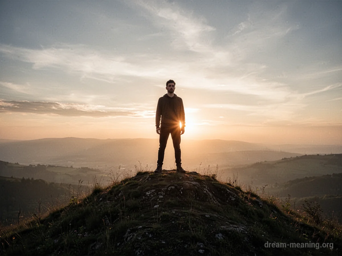 Silhouette of a person standing confidently on a hill at sunrise.