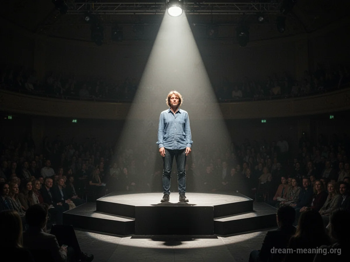 A silhouette of a person standing alone on a raised platform under a single spotlight.