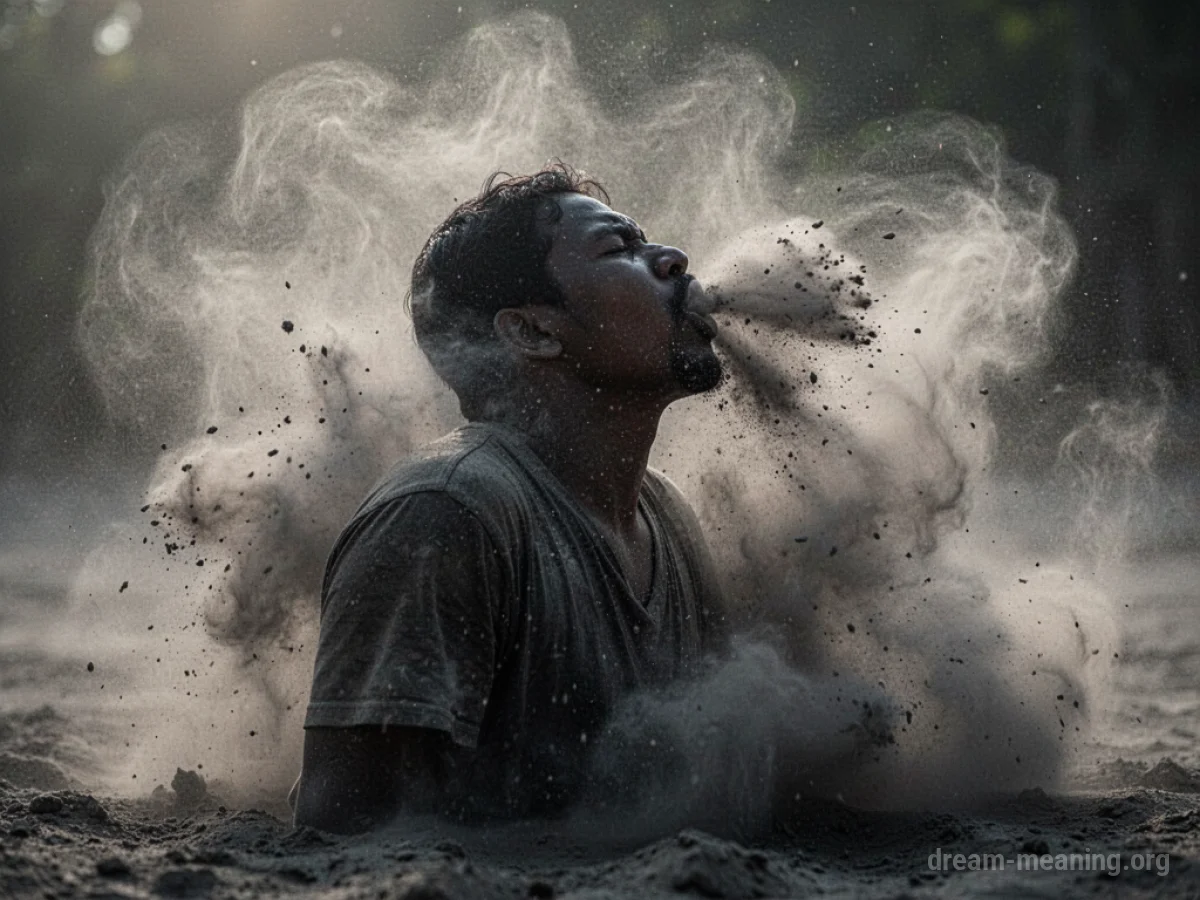 Silhouette of a person with hands near their face in thick, swirling dust.