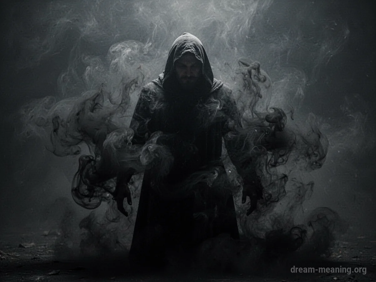 A silhouette surrounded by dark, swirling fog.