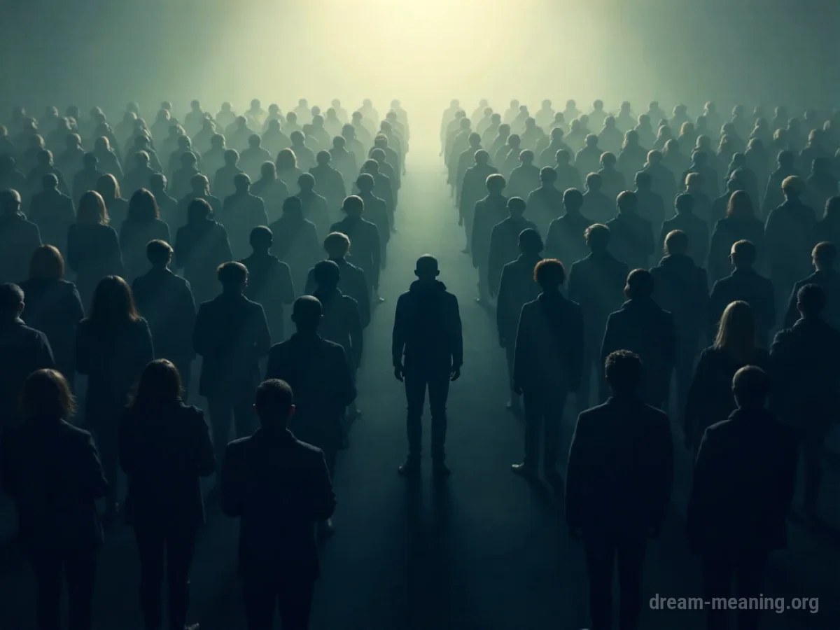 A silhouette surrounded by many indistinct dark shapes.