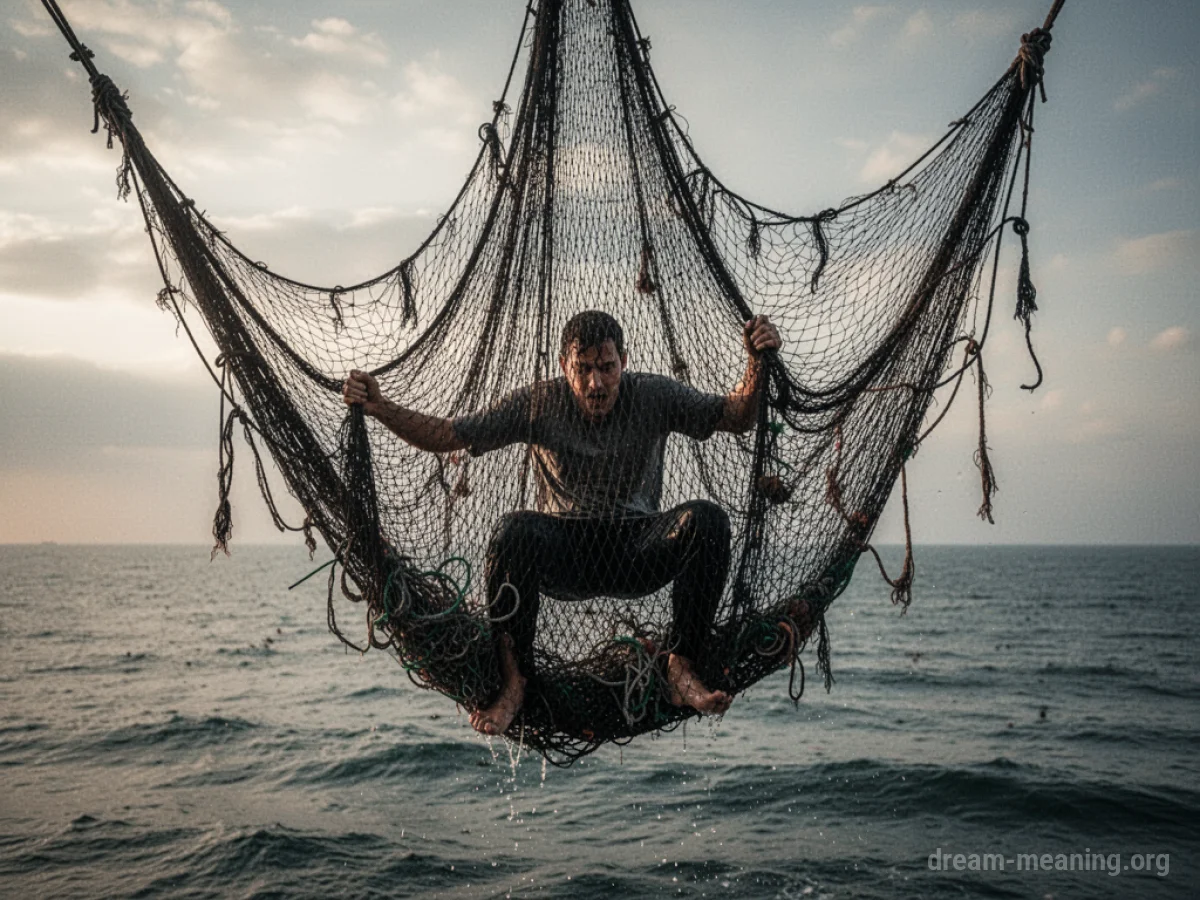 Silhouette of a person ensnared in a large net.