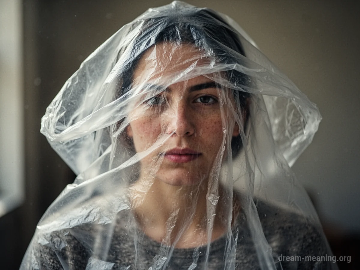 A person's head is partially enclosed by a clear plastic bag.