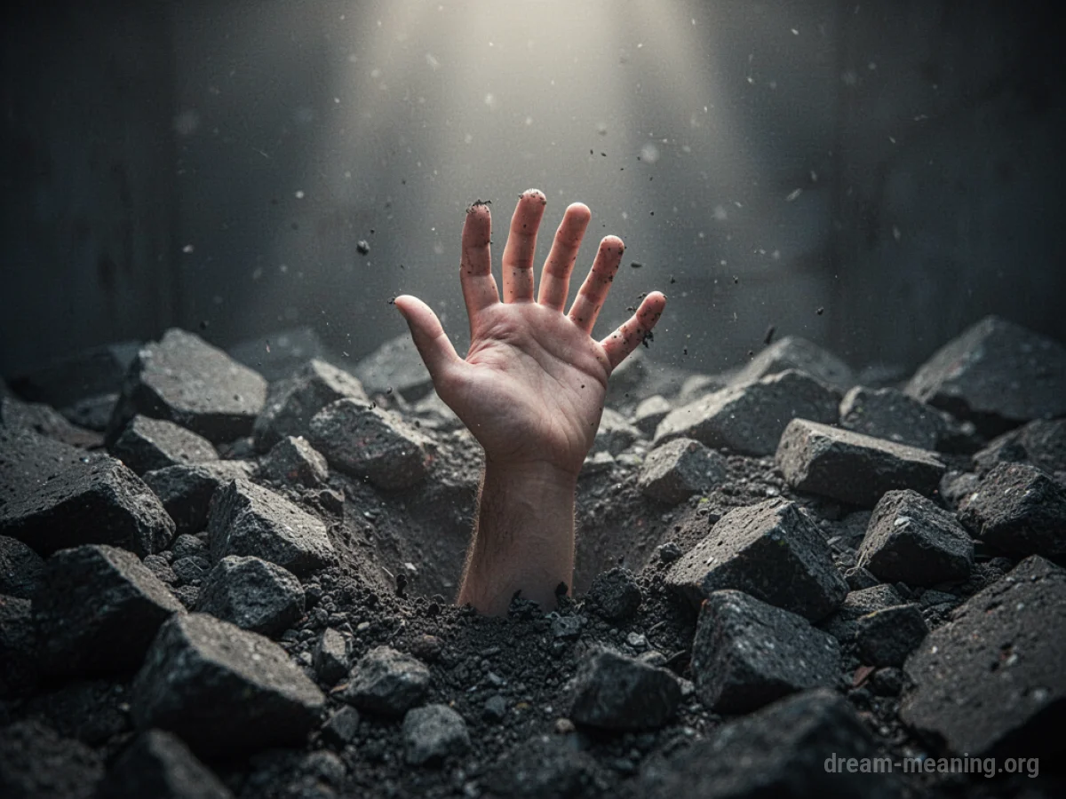 A hand emerging from a mound of broken stones and dirt.